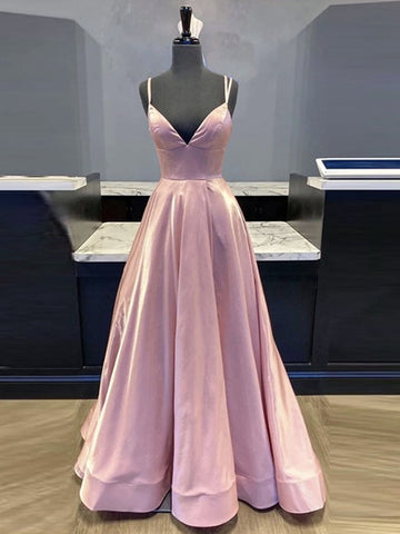 Trendy V Neck Straps Pink Satin Long Prom Gown SREAL116