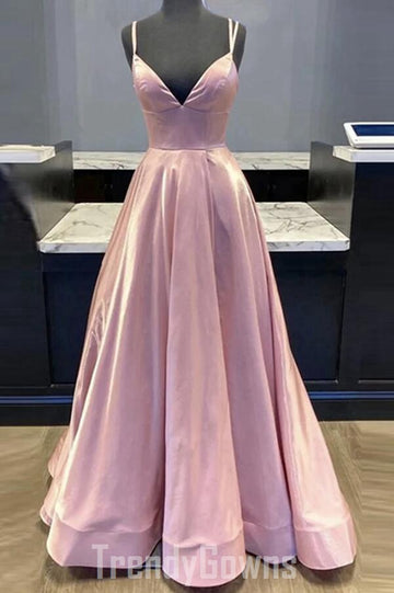 Trendy V Neck Straps Pink Satin Long Prom Gown SREAL116