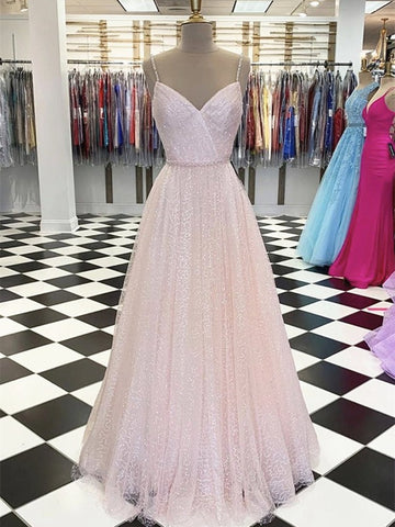 Trendy A-line Straps Pink Junior Long Formal Prom Gown SREAL117