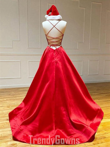 Trendy Red Satin Junior V Neck Prom Gown SREAL120