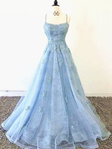 Trendy A-line Straps Junior Blue Lace Formal Prom Dress SREAL121