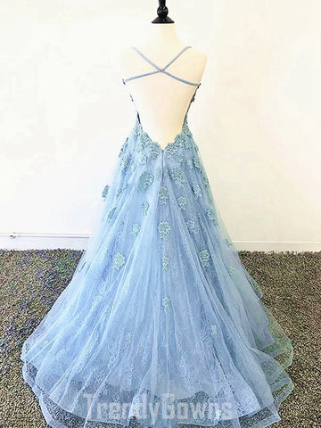 Trendy A-line Straps Junior Blue Lace Formal Prom Dress SREAL121
