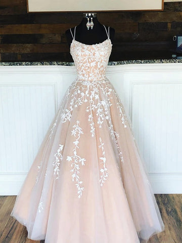 Trendy Champagne Lace Formal Prom Dress SREAL123