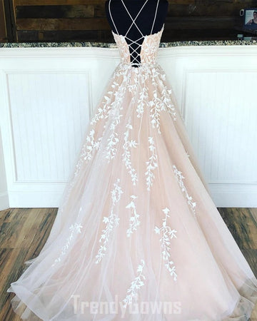 Trendy Champagne Lace Formal Prom Dress SREAL123
