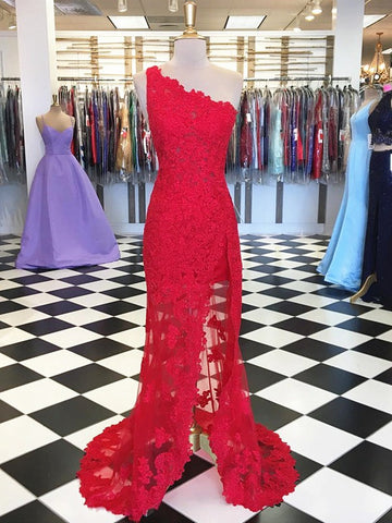 Trendy A-line One Shoulder Red Lace Prom Gown SREAL126