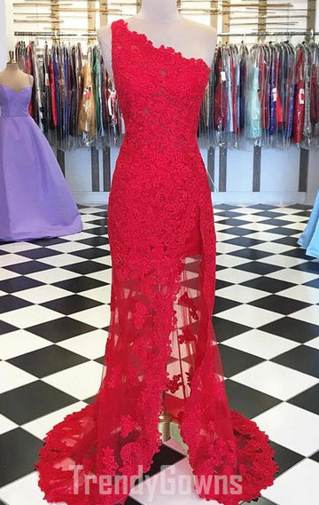 Trendy A-line One Shoulder Red Lace Prom Gown SREAL126