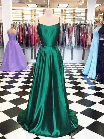 Trendy A-line Straps Junior Dark Green Satin Prom Gown SREAL127