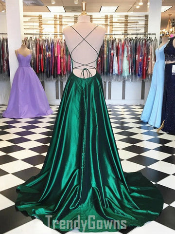 Trendy A-line Straps Junior Dark Green Satin Prom Gown SREAL127
