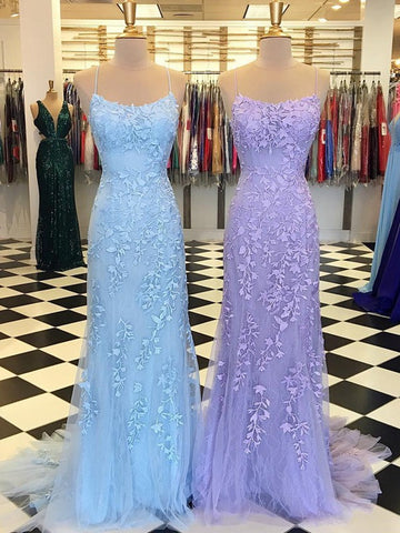 Trendy Purple Blue Straps Mermaid Lace Prom Gown SREAL132