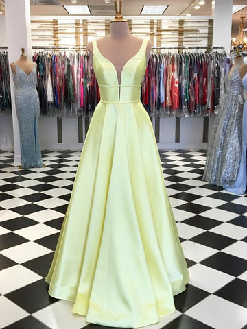 Trendy Princess Satin V Neck Yellow Prom Gown SREAL133