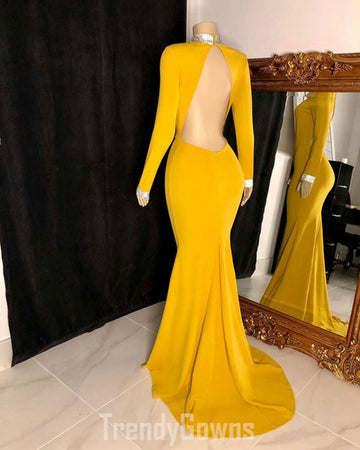 Trendy Yellow Long Sleeve Open Back Mermaid Prom Gown SREAL137