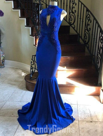 Trendy Royal Blue High Neck Keyhole Appliques Mermaid Prom Gown SREAL138