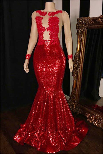 Trendy Red Long Sleeves Sequins Mermaid Sheer Prom Gown SREAL139