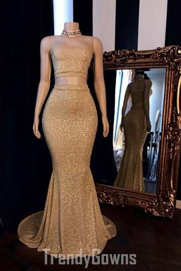 Trendy Champagne Sequins Two Piece Long Mermaid Prom Gown SREAL140