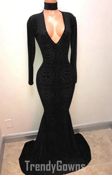 Trendy Black Lace Sexy Deep V Neck Mermaid Long-sleeve Prom Gowns SREAL141