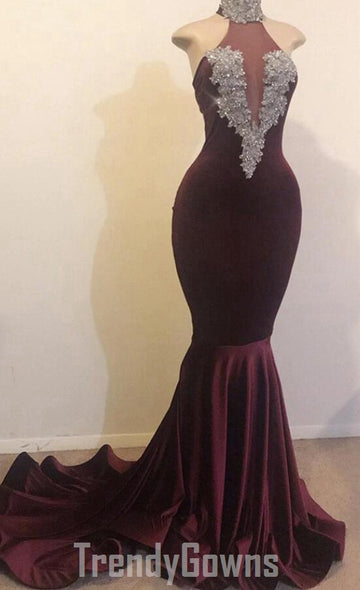 Trendy Dark Burgundy Mermaid High Neck Silver Beads Prom Gowns SREAL143