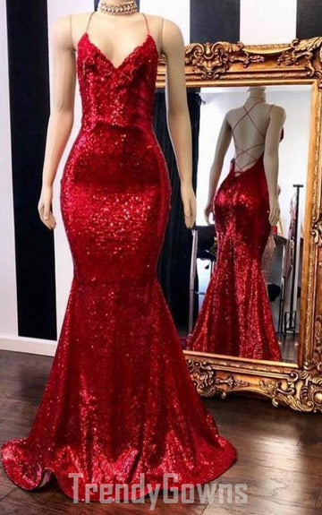 Trendy Red V neck Straps Sequins Mermaid Long Prom Gown SREAL146