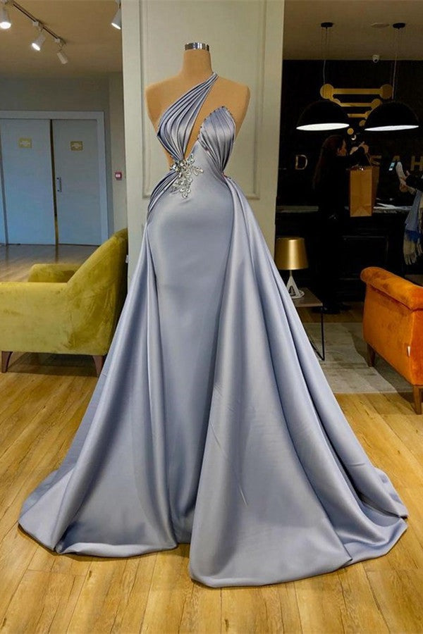 Trendy Halter Silver Beadings Long Prom Gown SREAL147