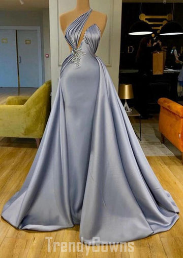 Trendy Halter Silver Beadings Long Prom Gown SREAL147