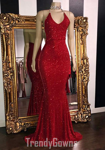 Trendy Red Mermaid V neck Halter Prom Gown SREAL148