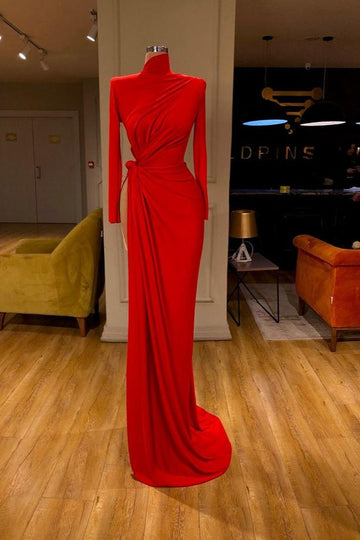 Trendy High Neck Long Sleeve Red Sheath Prom Gown SREAL149