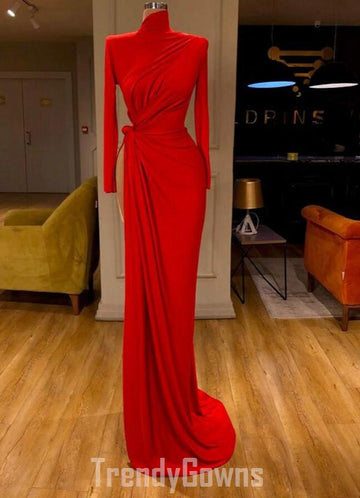 Trendy High Neck Long Sleeve Red Sheath Prom Gown SREAL149