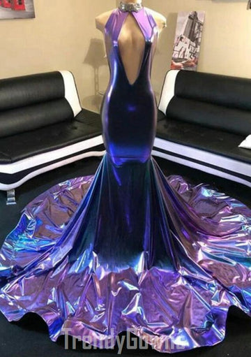 Trendy Sparkle Purple Sexy Neck Halter Mermaid Prom Gown SREAL150