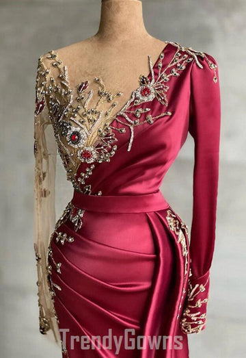 Trendy Burgundy Long Sleeves Mermaid Prom Gown SREAL151