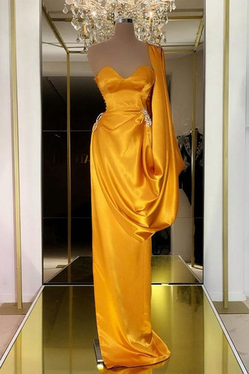 Trendy Yellow Gold One Shoulder Long Prom Gown SREAL153