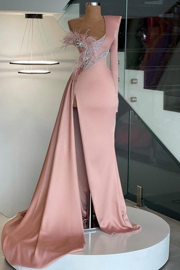 Trendy Pink Long Sleeve One Shoulder Mermaid Prom Gown SREAL154