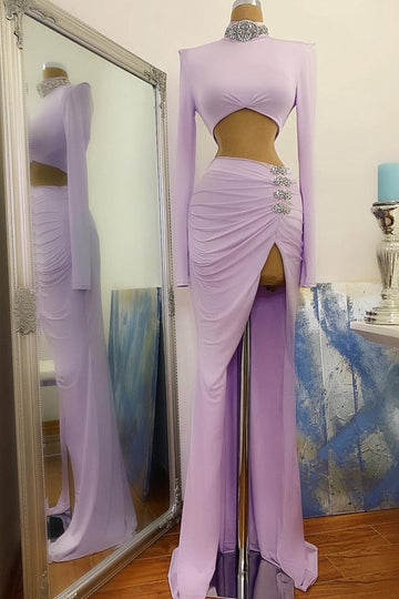 Trendy Pink Split Long Sleeve Mermaid High Neck Prom Gown SREAL156