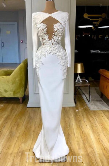 Trendy White Long Sleeves Lace Appliques Mermaid Prom Gown SREAL159