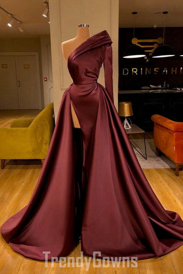 Trendy Dark Burgundy Long Sleeve High Split One Sleeve Prom Gown SREAL163
