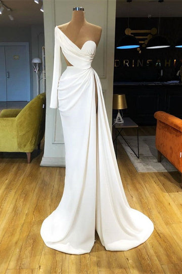 Trendy White Sexy High Split Long Sleeve One Shoulder Prom Gown SREAL165