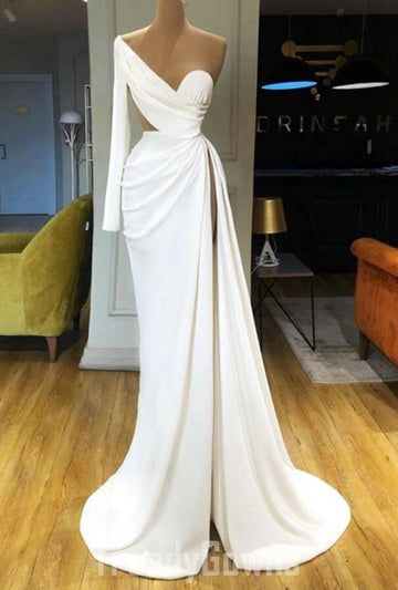 Trendy White Sexy High Split Long Sleeve One Shoulder Prom Gown SREAL165