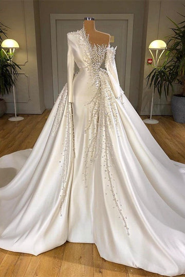 Trendy Ivory Luxury Designer Pearls Long Sleeves Prom Gown SREAL167