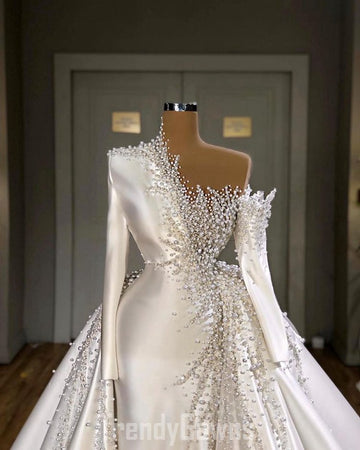 Trendy Ivory Luxury Designer Pearls Long Sleeves Prom Gown SREAL167