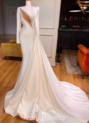 Trendy Ivory High Neck Long Sleeves Mermaid Prom Gown Ruffles SREAL168