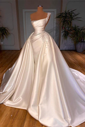 Trendy Ivory One Shoulder Pearl Prom Gown SREAL169