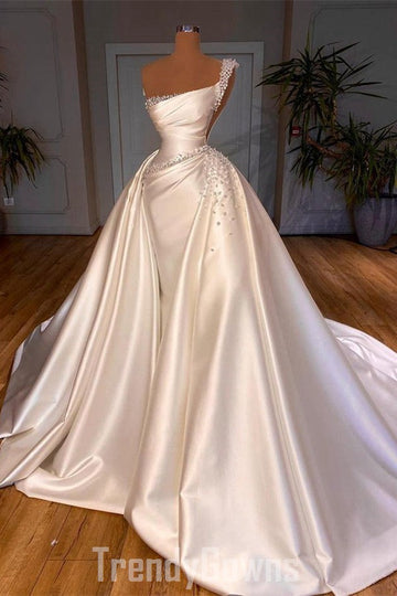 Trendy Ivory One Shoulder Pearl Prom Gown SREAL169