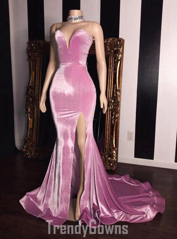 Trendy Pink Velvet Sweetheart Side Slit Mermaid Prom Gown SREAL172
