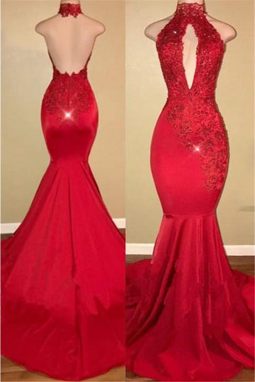 Trendy Red Halter Mermaid Prom Party Gowns SREAL173