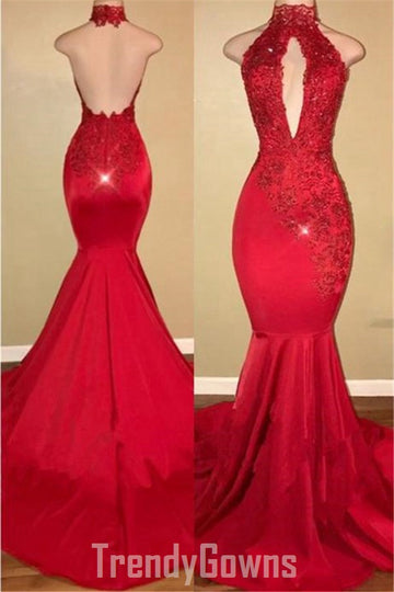 Trendy Red Halter Mermaid Prom Party Gowns SREAL173