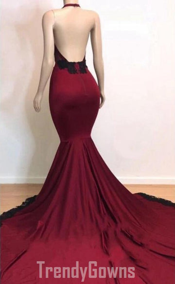 Trendy Black Burgundy V neck Halter Mermaid Prom Gown SREAL174