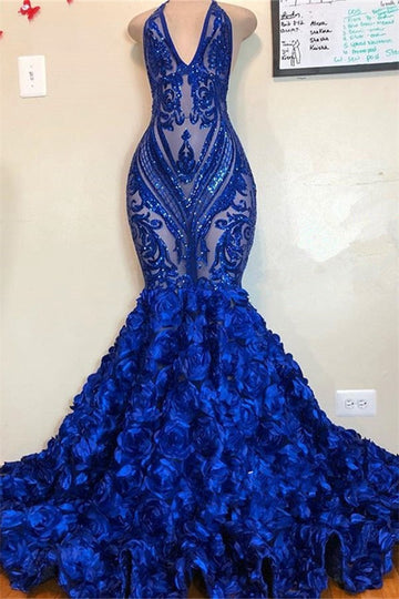 Trendy Royal Blue V neck Halter Sequins Pattern Floral Prom Gown SREAL175