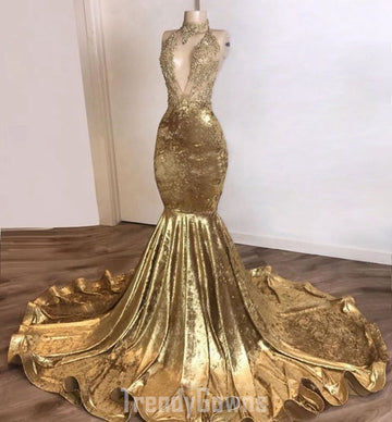 Trendy Shinning Gold Deep V neck Mermaid Prom Gown SREAL177