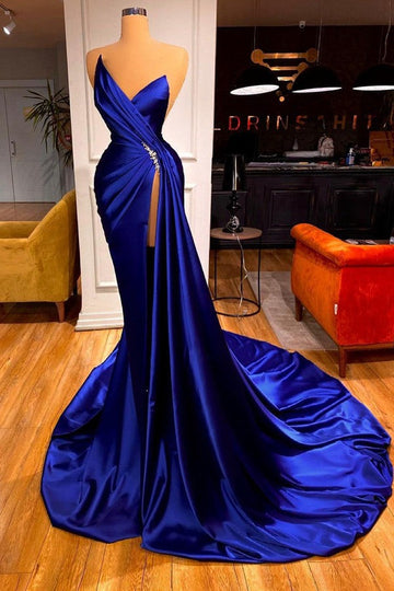 Trendy Royal Blue Mermaid High Split Sweetheart Prom Gown SREAL182