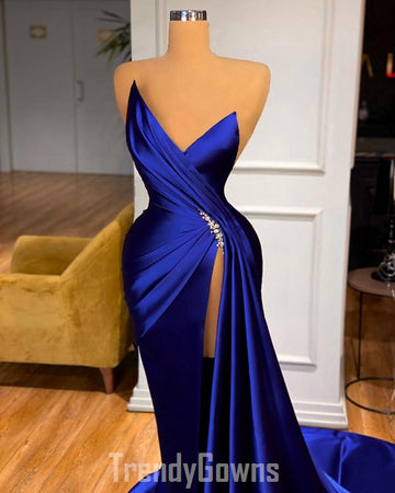 Trendy Royal Blue Mermaid High Split Sweetheart Prom Gown SREAL182