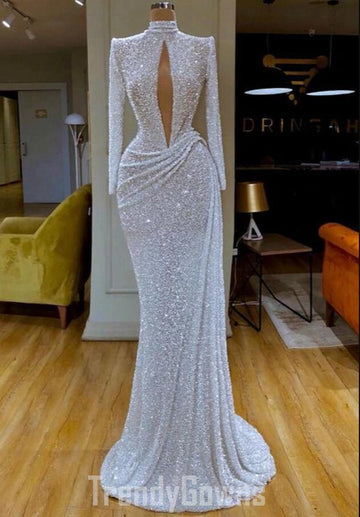 Trendy White Mermaid Long Sleeve High Neck Sequins Prom Gown SREAL183