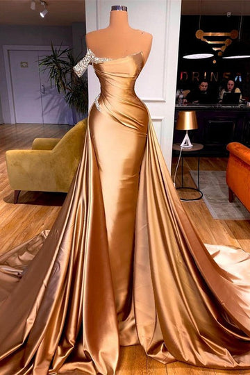 Trendy Gold One Shoulder Mermaid Prom Gown SREAL184